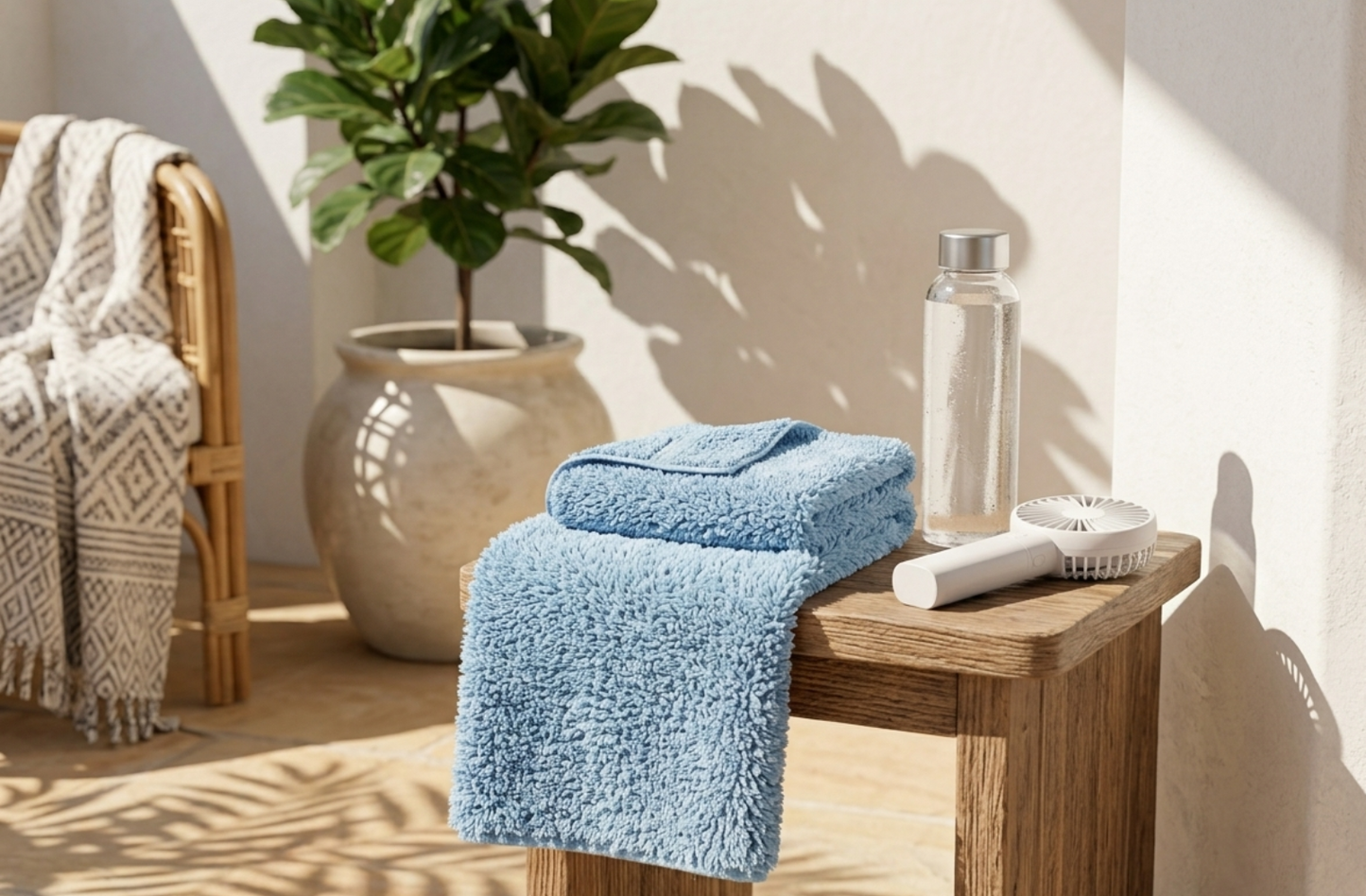 A light blue EXLUX premium skincare facial towel draped over a rustic wooden stool next to a clear water bottle and a potted plant in a sunlit bathroom