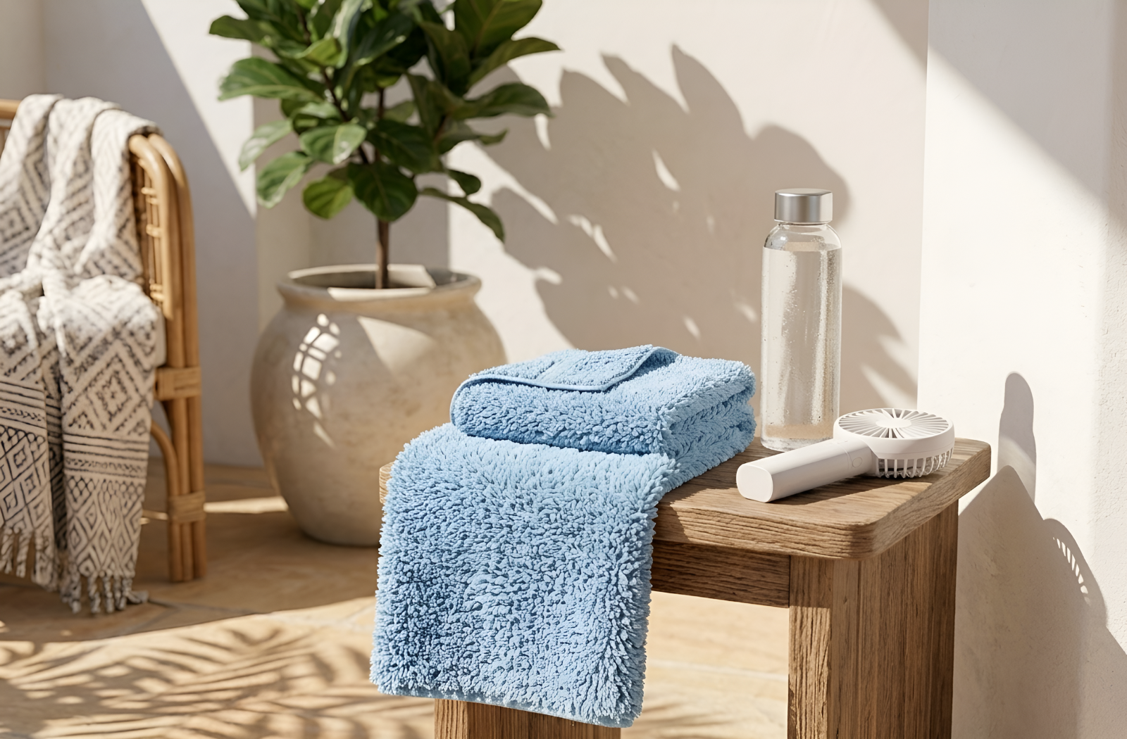EXLUX premium light blue 500GSM microfiber facial towels stacked on a wooden stool beside a glass water bottle