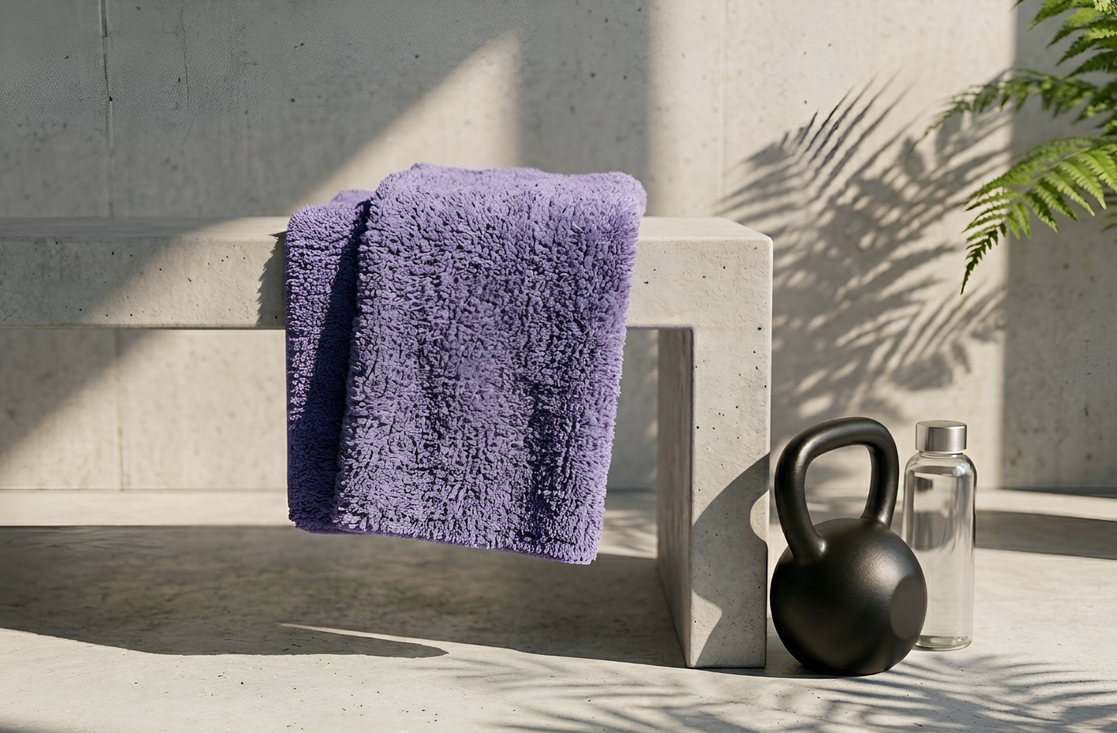 EXLUX purple premium microfiber facial towel draped over a concrete bench next to a black kettlebell and a clear water bottle