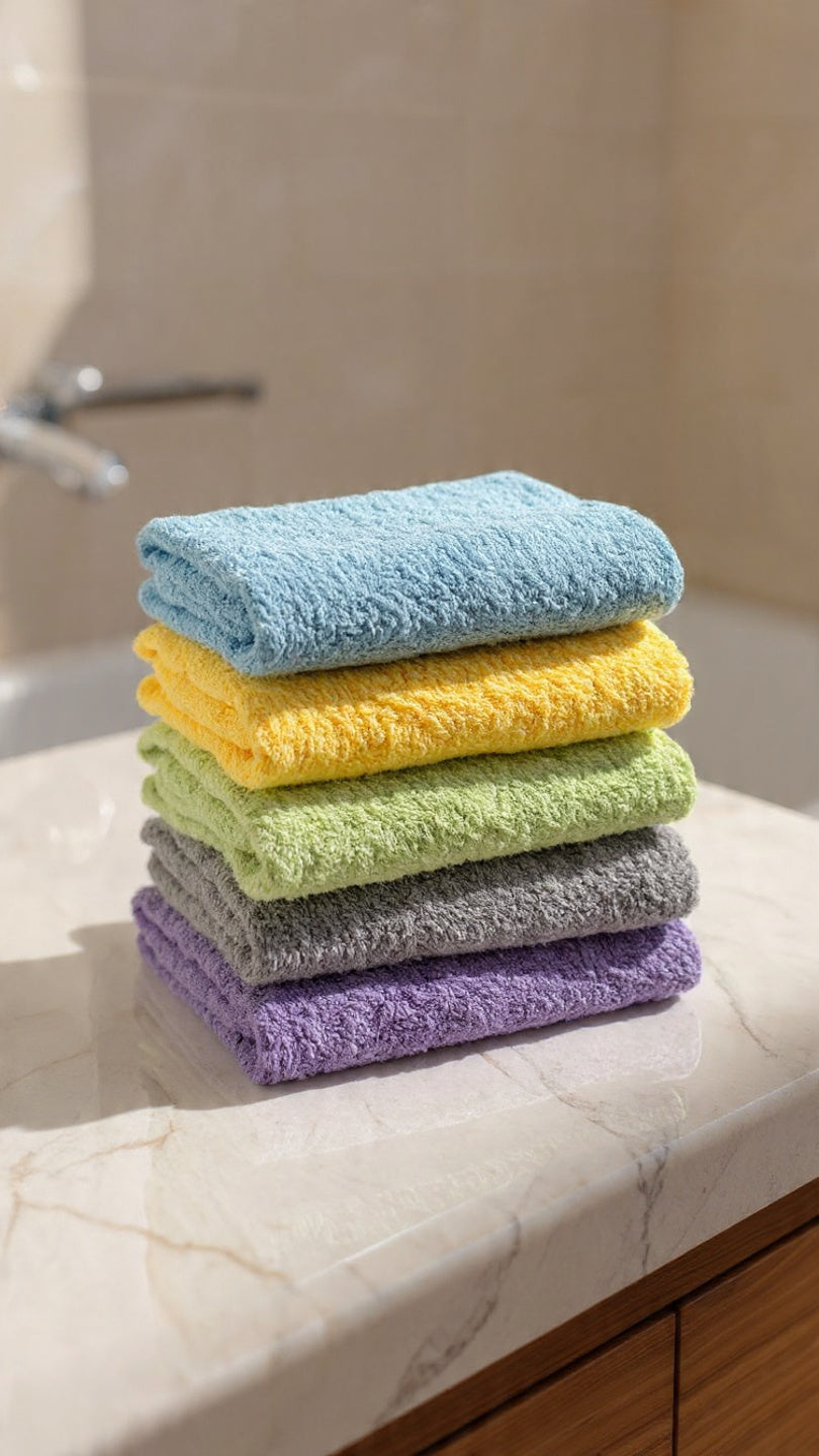 A neatly stacked set of five folded EXLUX premium skincare facial towels in light blue, yellow, green, stone grey, and violet displaying their plush textures on a white marble bathroom counter
