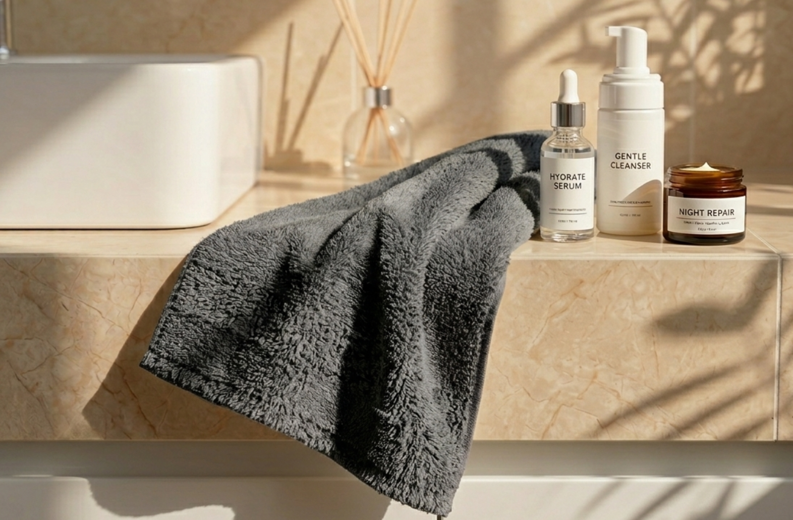 A plush stone grey EXLUX premium skincare facial towel draped over a modern bathroom counter next to a gentle cleanser, hydrate serum, and night repair cream