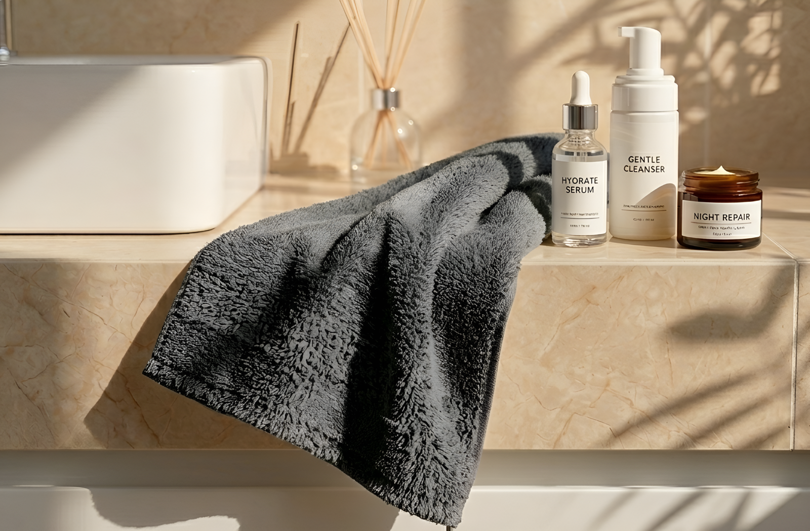 EXLUX stone grey premium skincare facial towel draped on a marble bathroom counter next to serum and cleanser bottles