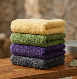 A neatly stacked set of four folded EXLUX premium skincare facial towels in yellow, green, purple, and stone grey on a warm wooden surface