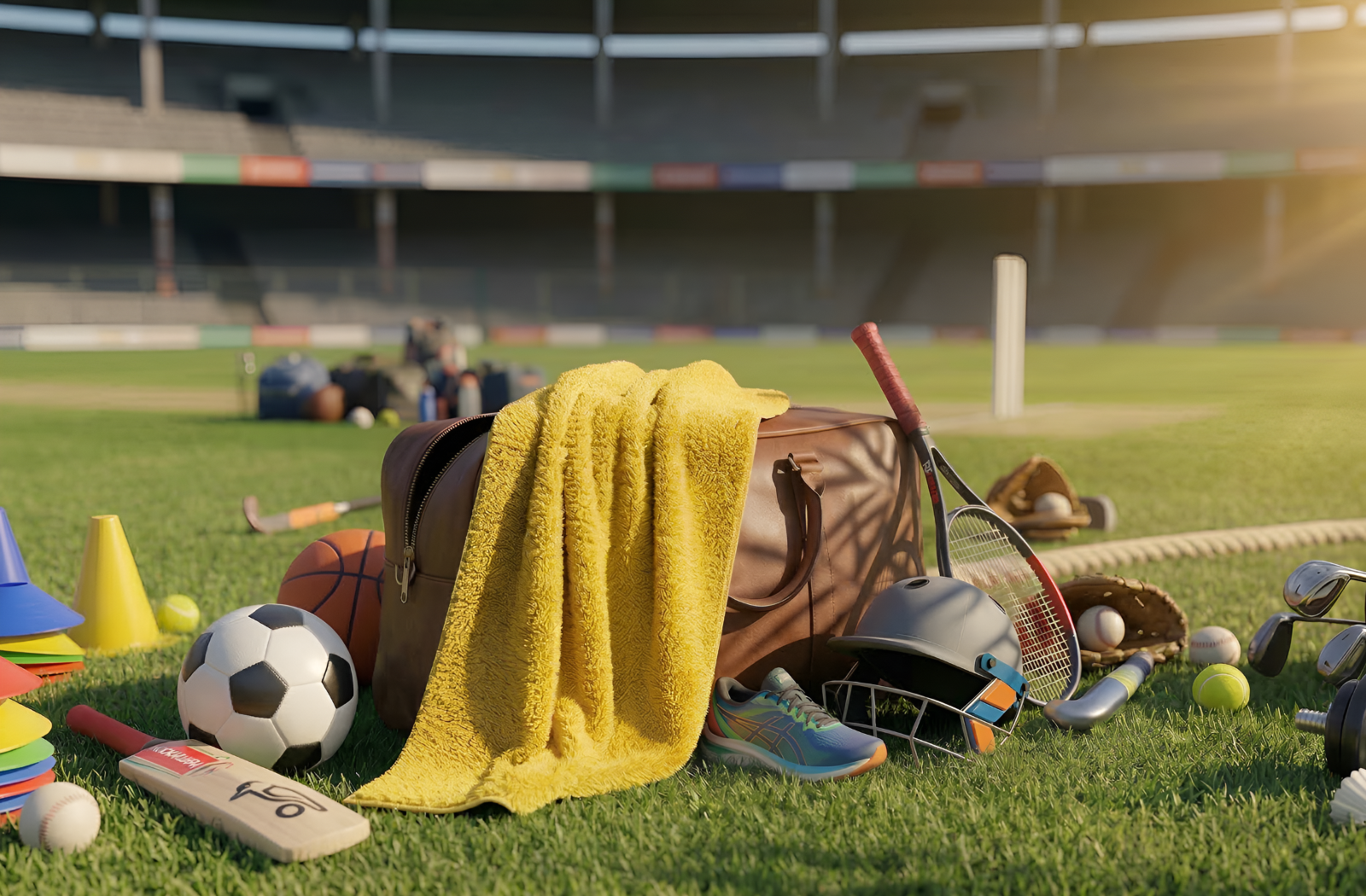 EXLUX bright yellow premium athletic facial towel draped over a brown sports bag on a grass stadium field surrounded by sports equipment